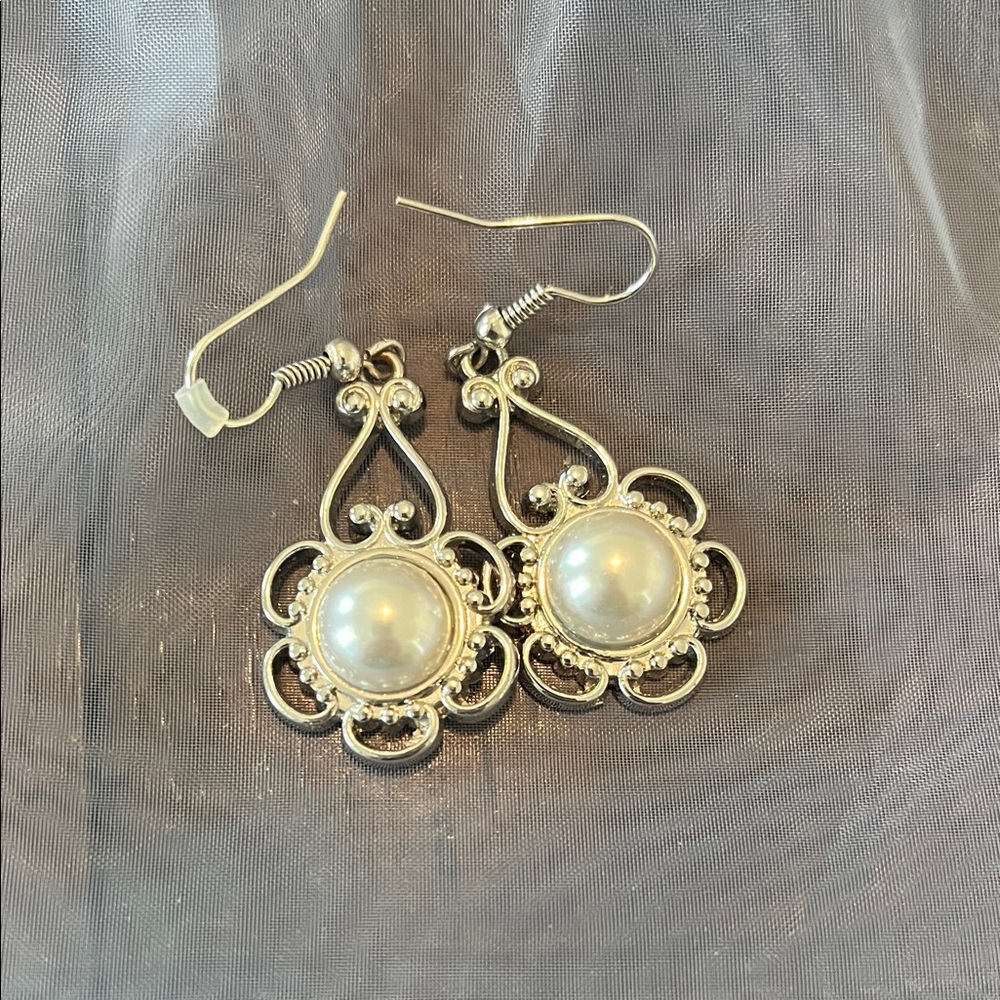 Silver-Tone Pearl Drop Filigree Earrings